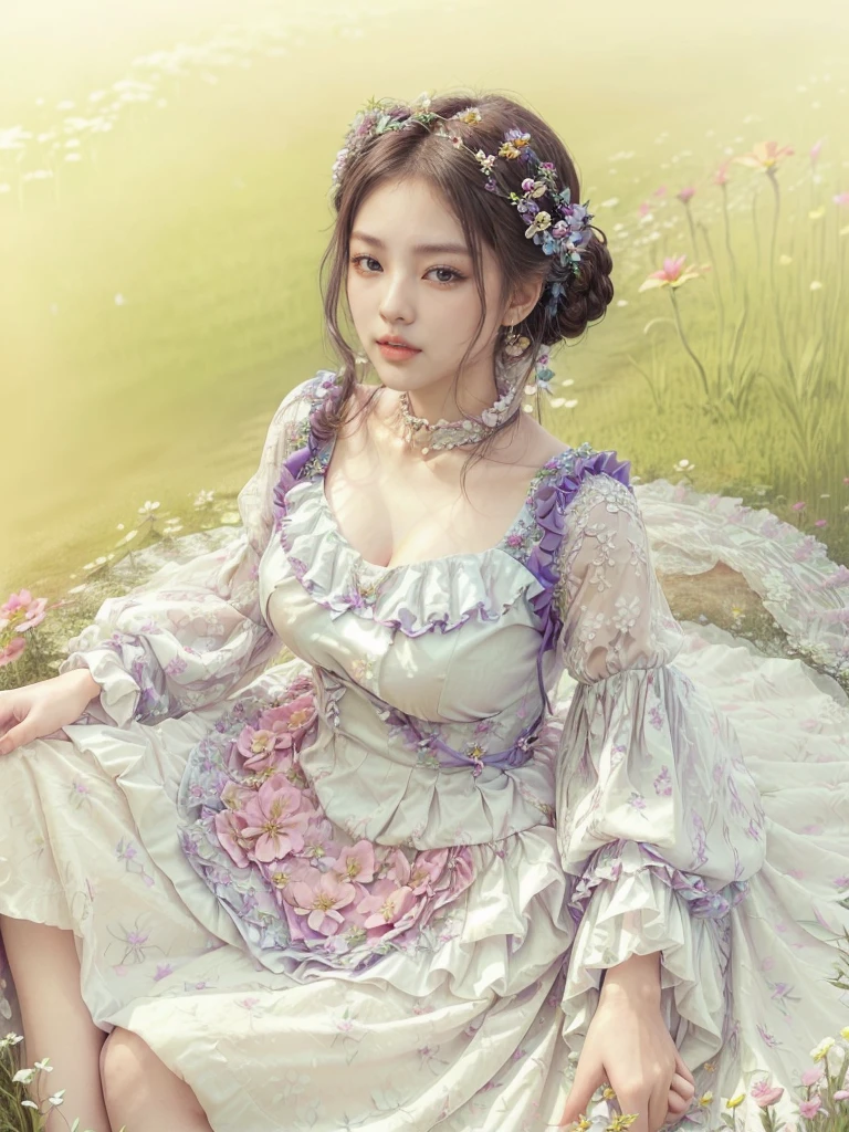 large-breasted Araffe woman in a simple dress with a deep neckline sitting in a flower field with flowers on the dress, hair tied in a bun, Sakimichan, lovely languid princess, rococo dress, Beautiful lady, flower dream, palace ， a girl in hanfu, colorful renaissance dress, Beautiful lady de fantasía, lady in bright flower dress, Rococo queen, romantic dress, beautiful dolphin, floral collar with ruffles