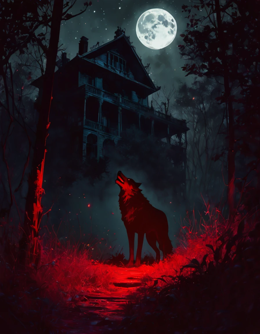 a decaying abandoned mansion in a lush overgrown forest, full moon glowing red in a dark night sky, shadowy wolf silhouettes prowling through the scene, twinkling stars, (best quality, 4k, 8k, highres, masterpiece:1.2), ultra-detailed,(realistic, photorealistic, photo-realistic:1.37), oil painting, intricate brushstrokes, dramatic lighting, dark moody atmosphere, chiaroscuro, Bill Sienkiewicz inspired art