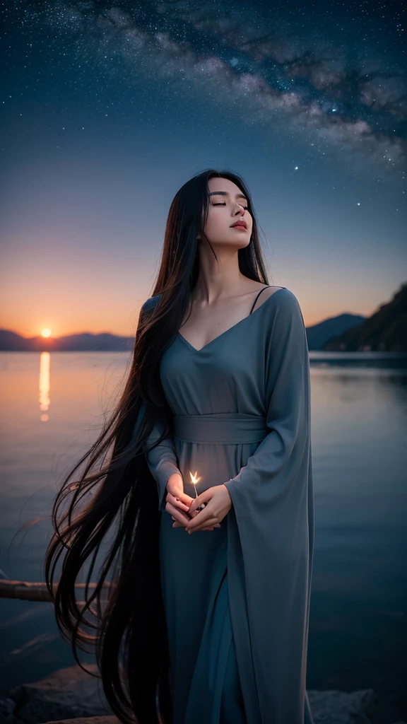 “A high-resolution, fantastical image of a long-haired woman with black hair standing by the lakeside. She is positioned at the edge of the frame, her hands clasped together in a prayer-like gesture, eyes closed, and looking up at the sky. Place a first-magnitude star prominently in the sky as if she is making a wish upon it. The woman’s silhouette should glow in the darkness, highlighting her presence. Capture the scene with a magical and ethereal quality.”