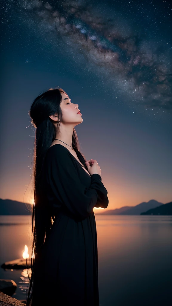 “A high-resolution, fantastical image of a long-haired woman with black hair standing by the lakeside. She is positioned at the edge of the frame, her hands clasped together in a prayer-like gesture, eyes closed, and looking up at the sky. Place a first-magnitude star prominently in the sky as if she is making a wish upon it. The woman’s silhouette should glow in the darkness, highlighting her presence. Capture the scene with a magical and ethereal quality.”