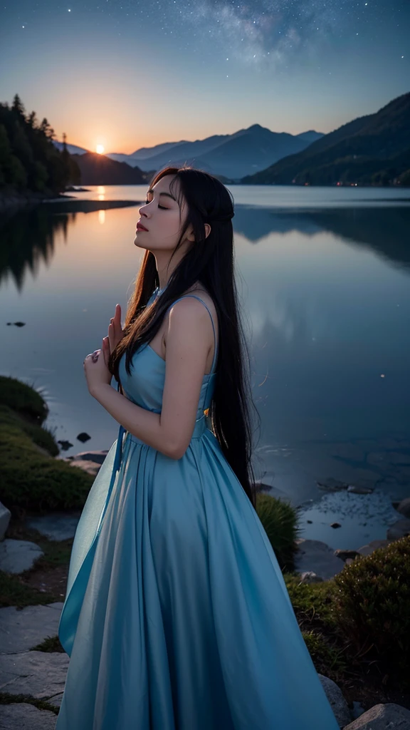 “A high-resolution, fantastical image of a long-haired woman with black hair standing by the lakeside. She is positioned at the edge of the frame, her hands clasped together in a prayer-like gesture, eyes closed, and looking up at the sky. Place a first-magnitude star prominently in the sky as if she is making a wish upon it. The woman’s silhouette should glow in the darkness, highlighting her presence. Capture the scene with a magical and ethereal quality.”
