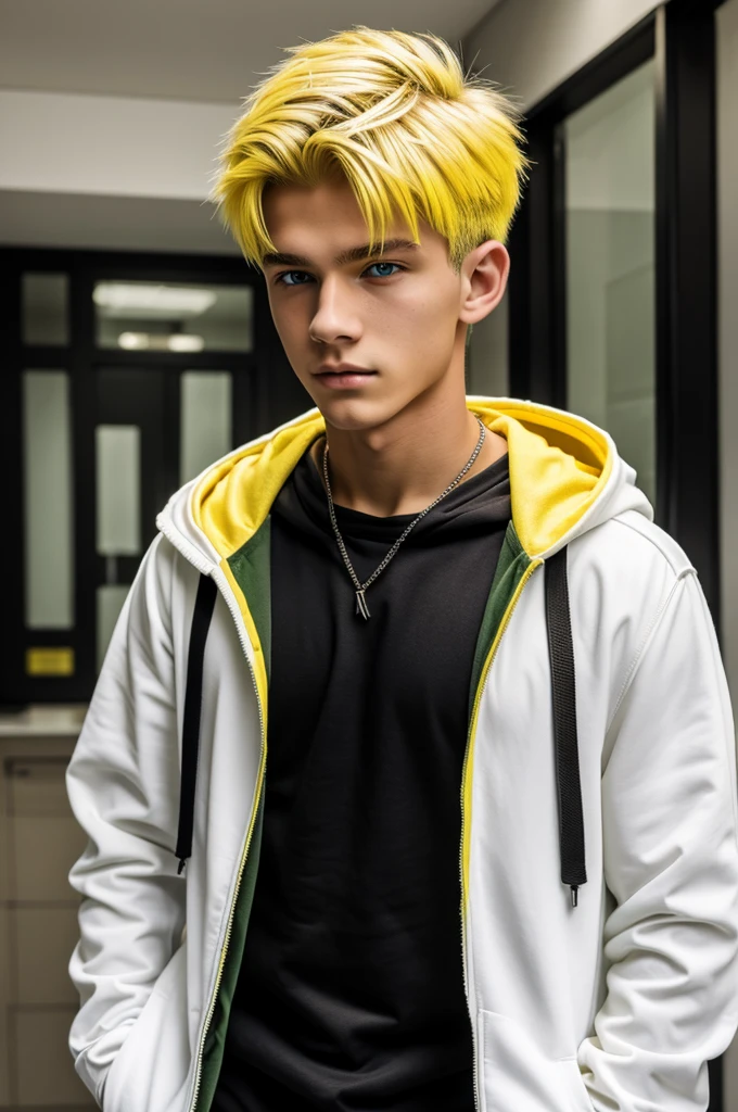 1 young man, 16 years old, yellow hair, handsome, green eyes, small muscular body, black hoodie and white jacket