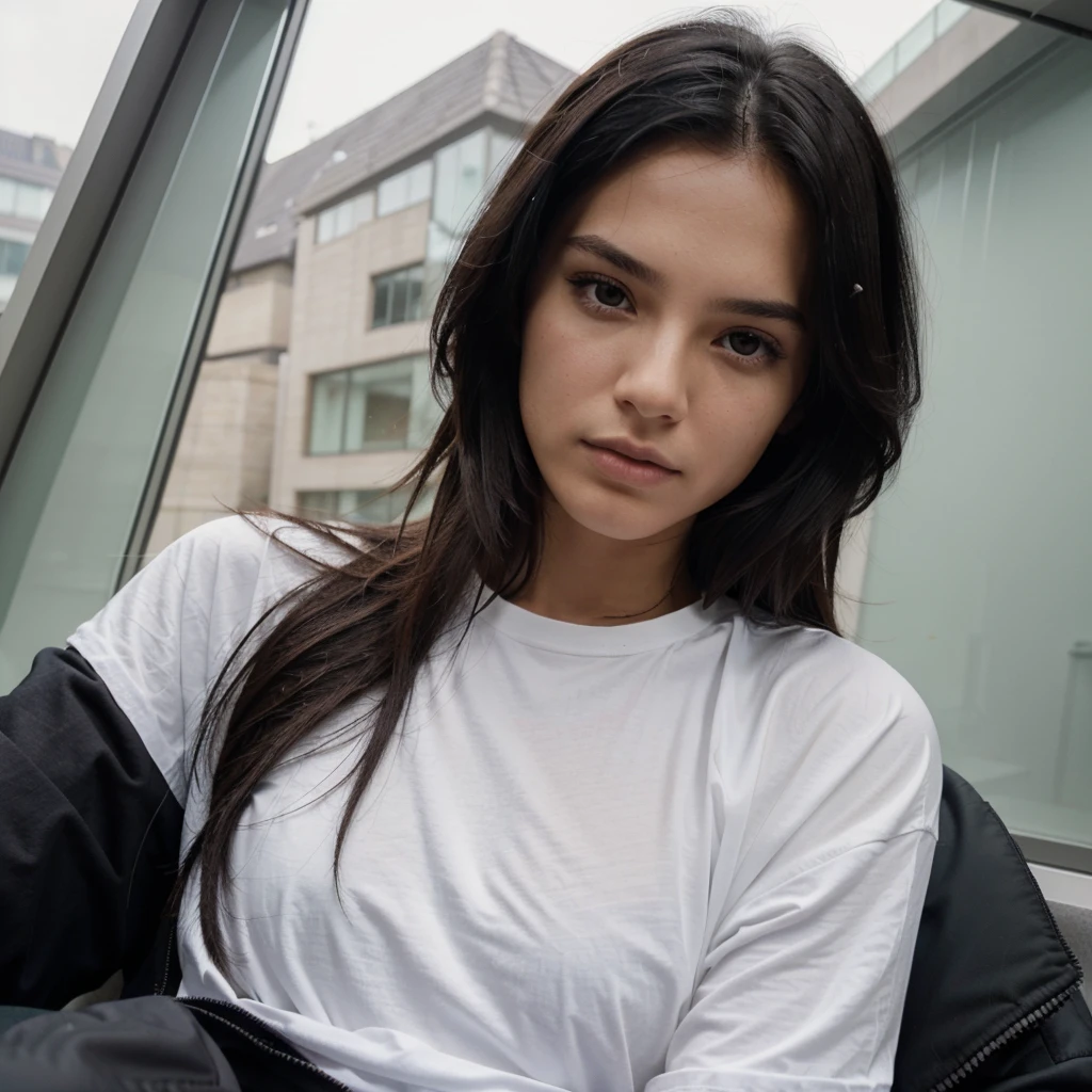 


"The photo is of a model taking a selfie with long, straight black hair. The model is sitting in a place with a roof structure and glass walls, that lets in a lot of natural light. The model is dressed completely in black, with a jacket and a white t-shirt. His facial expression is serious and his gaze is directed towards the camera., which is held with one hand, partially showing his face and his hair falling forward.. Camera angle is slightly lower, Looking up."