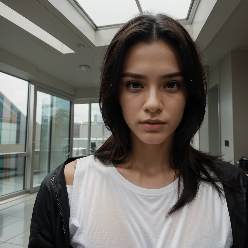 "The photo is of a model taking a selfie with long, straight black hair. The model is sitting in a place with a roof structure and glass walls, that lets in a lot of natural light. The model is dressed completely in black, with a jacket and a white t-shirt. His facial expression is serious and his gaze is directed towards the camera., which is held with one hand, partially showing his face and his hair falling forward.. Camera angle is slightly lower, Looking up."