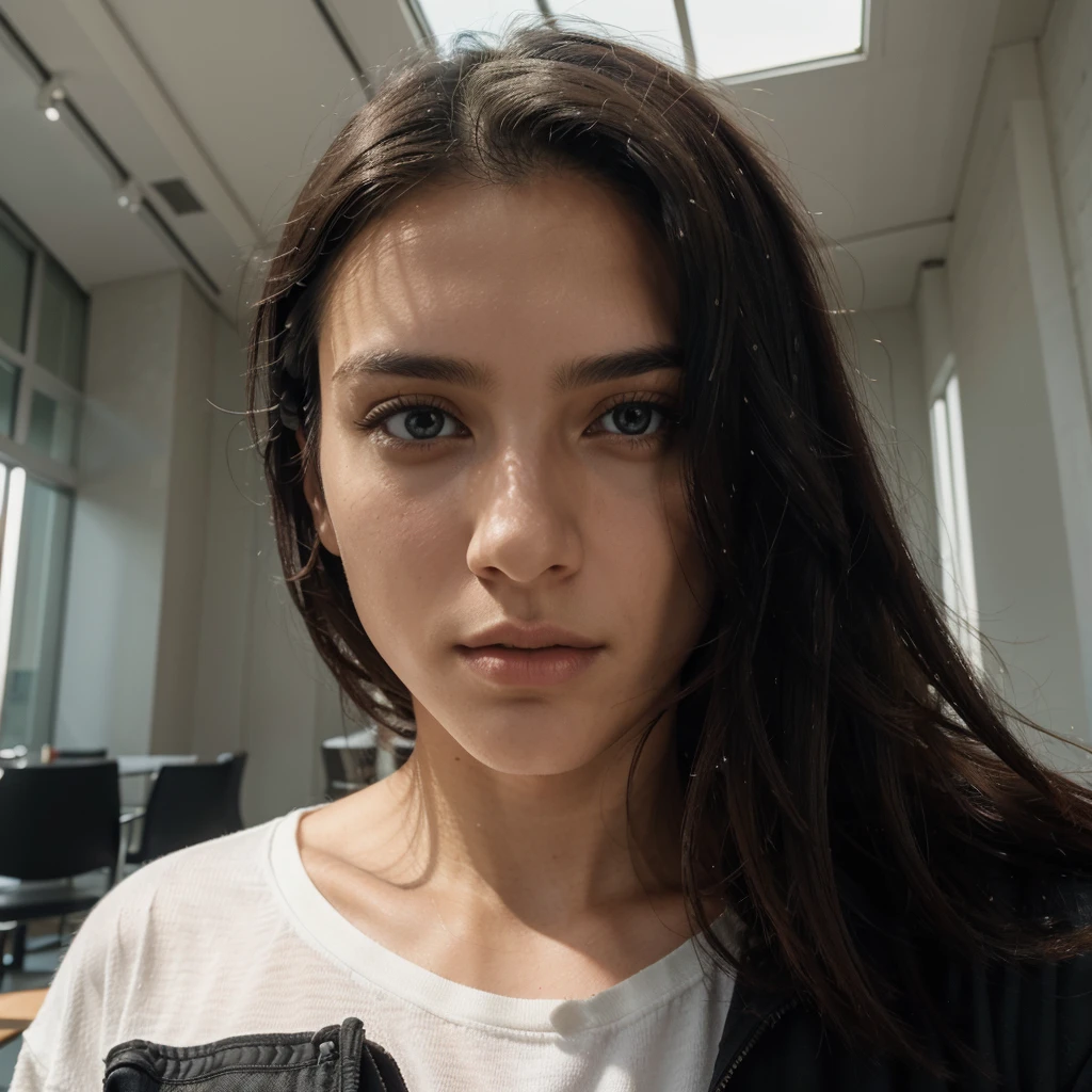 


"The photo is of a model taking a selfie with long, straight black hair. The model is sitting in a place with a roof structure and glass walls, that lets in a lot of natural light. The model is dressed completely in black, with a jacket and a white t-shirt. His facial expression is serious and his gaze is directed towards the camera., which is held with one hand, partially showing his face and his hair falling forward.. Camera angle is slightly lower, Looking up."