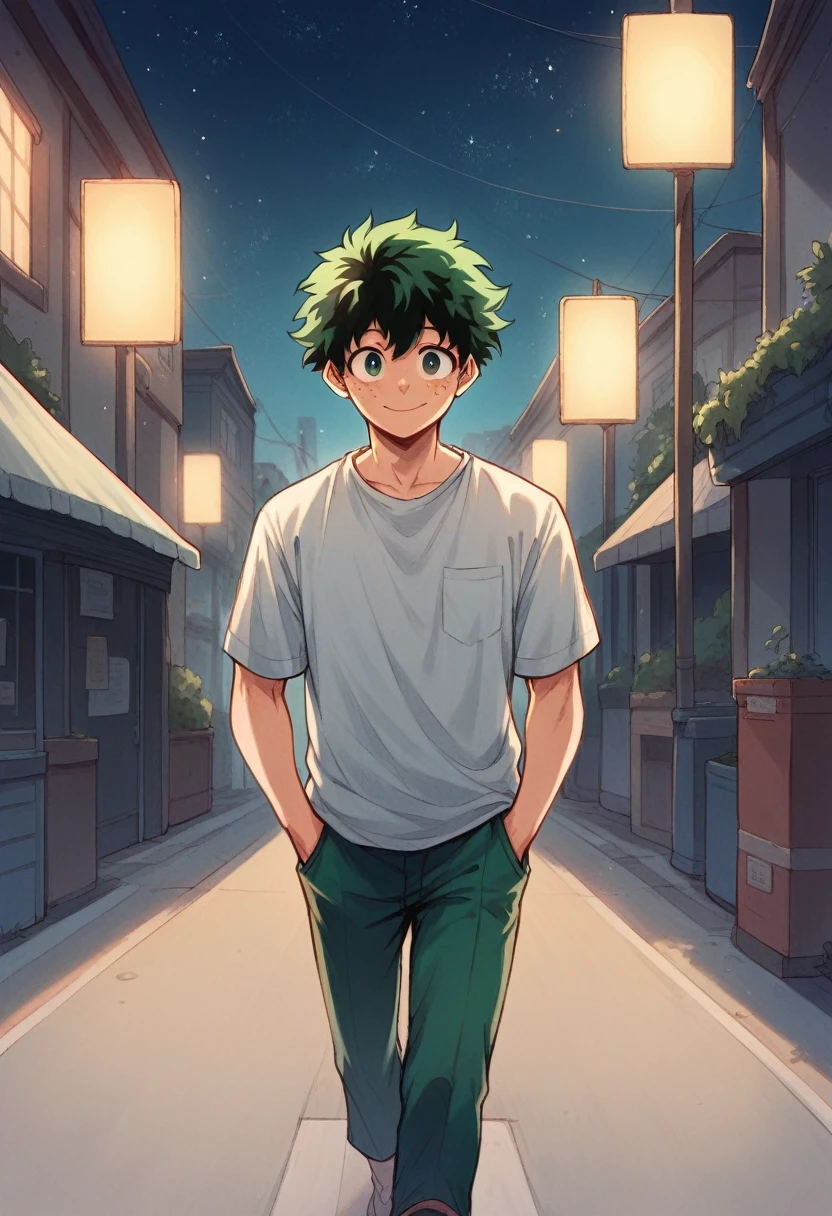 Handsome Izuku Midoriya walking under a dark, starry sky. Moonlight illuminating his green hair and freckled face. Wearing casual clothes, hands in pockets. Empty street, serene atmosphere. Gentle smile, confident stride.