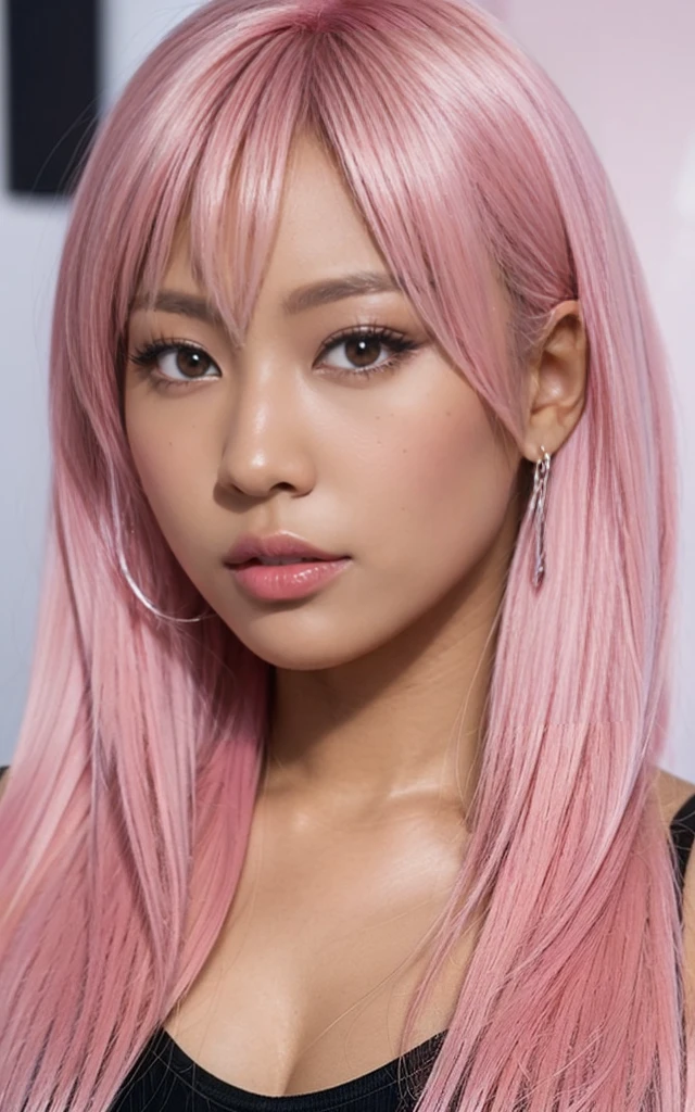 gyaru, dark-skinned, pink hair, face close up, from under