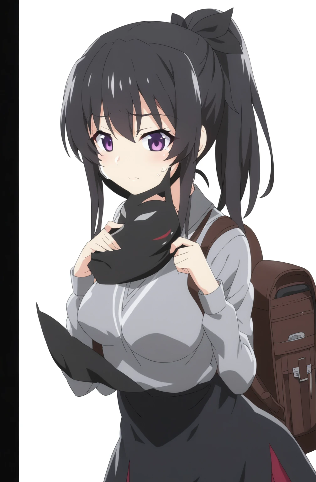 anime girl with a backpack and a mask on her face, purple eyes, anime moe artstyle, cute anime waifu in a nice dress, anime visual of a cute girl, beautiful anime high school girl, gray shirt, short skirt, anime girl with long hair, ponytail hairstyle, high quality anime artstyle, from girls frontline, anime style 4k, mature anime girl, anime girl wearing a black dress, kantai collection style,black shiny hair, taking off the mask, normal breast