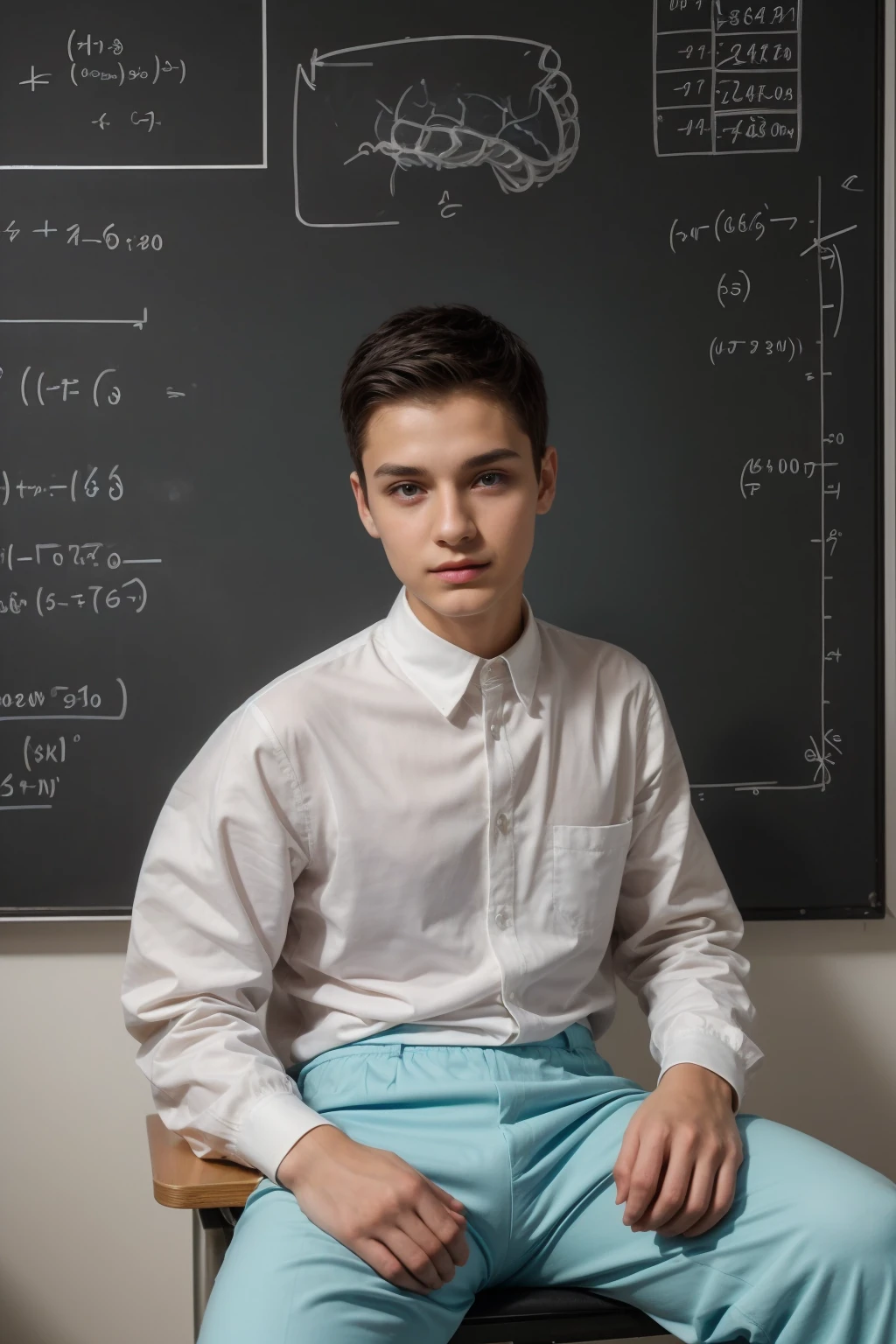 A beautiful young male twink with black hair and a face with makeup. He is wearing a white long-sleeved shirt with a tight fit and aqua blue pants. He is in his scientific office, and behind him is a blackboard on which is written the shape of the brain, its anatomy, and mathematical equations, and he is sitting at a desk.