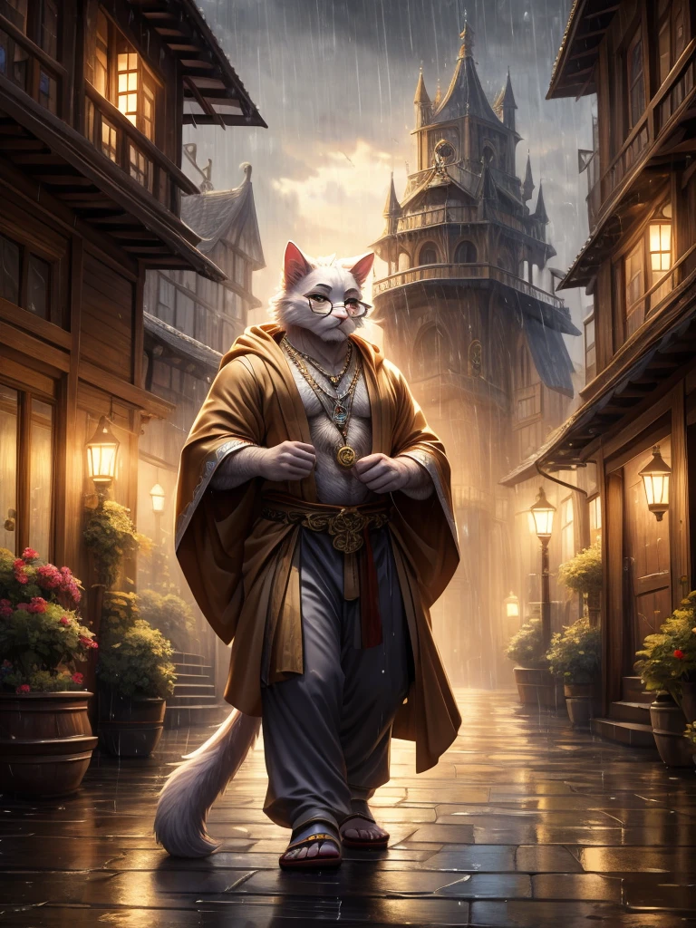 Anthro, white fluffy cat, full body, male, adult, hand paws, long fluffy tail, strong, light robe, light pants, flip flop, fancy modern japenese clothing, ornate clothing, blue circular eyewear, necklace with pendant, holding archery bow, abdomen on display, serious look, warm expression, hairy body, 8K, dynamic lighting, ultra detailed, masterpiece, street of a medieval town, raining