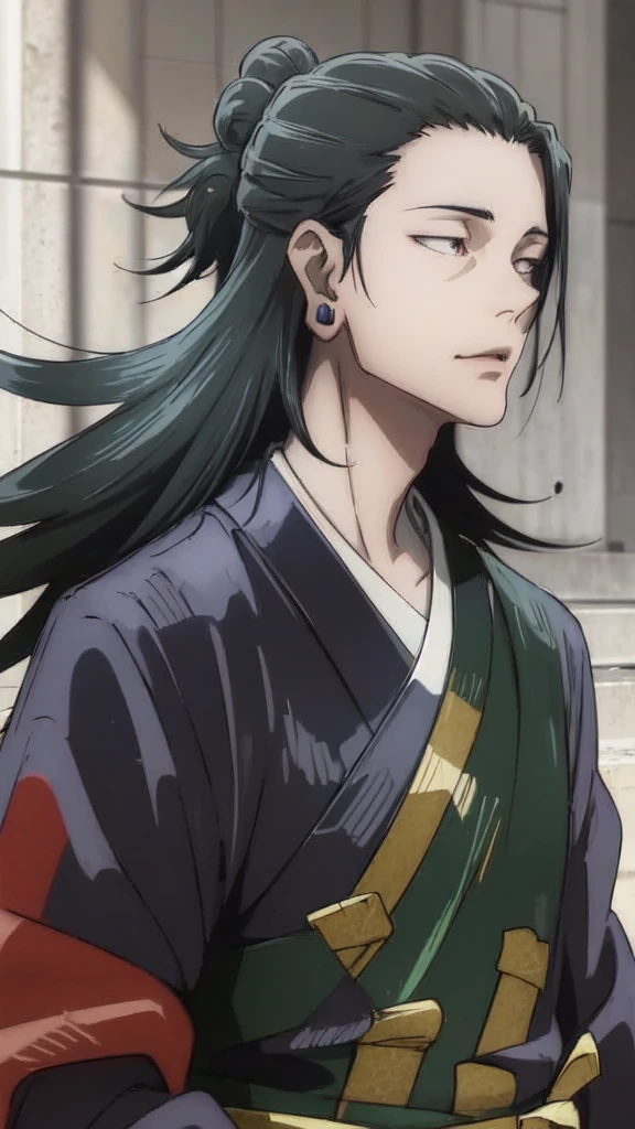 A LITTLE CHARACTER WITH BLACK HAIR, LONG AGA, BROWN EYES, HANDSOME, SEXY FACE, WEARING A KIMONO. NAMED "SUGURU GETO" IN THE ANIME STORY SERIES"(JUJUTSU KAISEN), IT STANDS IN THE MIDDLE OF A BEAUTIFUL CITY, WITH REALISTIC HDR -8K EFFECTS.