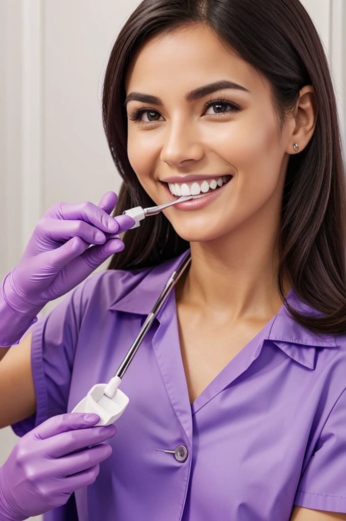 Purple color dentist doctor with teeth cleaning instrument hands