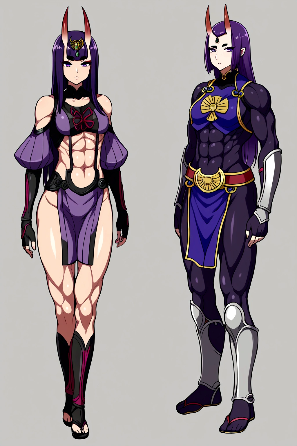 Shuten boy, parted bangs, purple eyes, purple hair, long hair, hime cut, forehead, arm guards, armor, black gloves, bodysuit, fingerless gloves, gloves, japanese armor, kote, loincloth, purple bodysuit, ribbed sleeves, tabard, toned, muscular body, gigantic penis with big balls, full body.