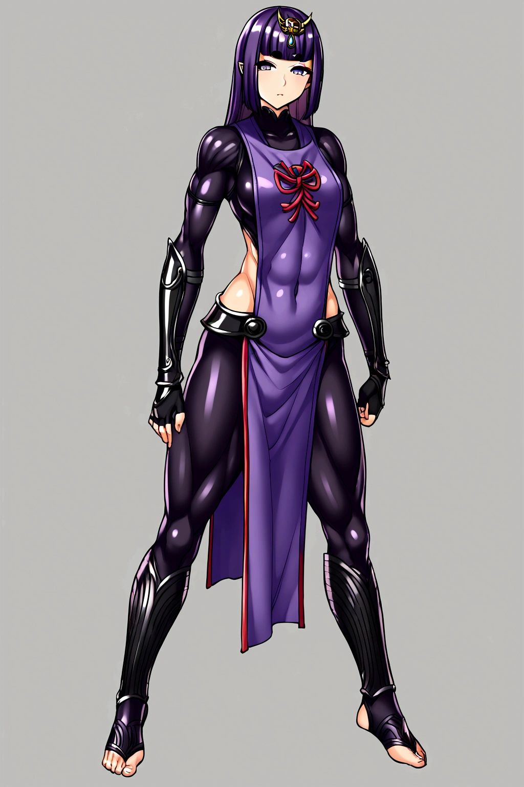 Shuten boy, parted bangs, purple eyes, purple hair, long hair, hime cut, forehead, arm guards, armor, black gloves, bodysuit, fingerless gloves, gloves, japanese armor, kote, loincloth, purple bodysuit, ribbed sleeves, tabard, toned, muscular body, full body.