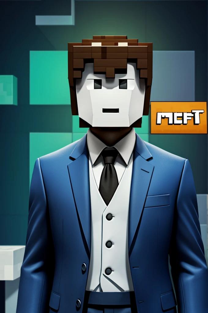 Create a man with a suit but no face with a Minecraft background and in the middle say CONFI STUDIOS and a computer below the letter