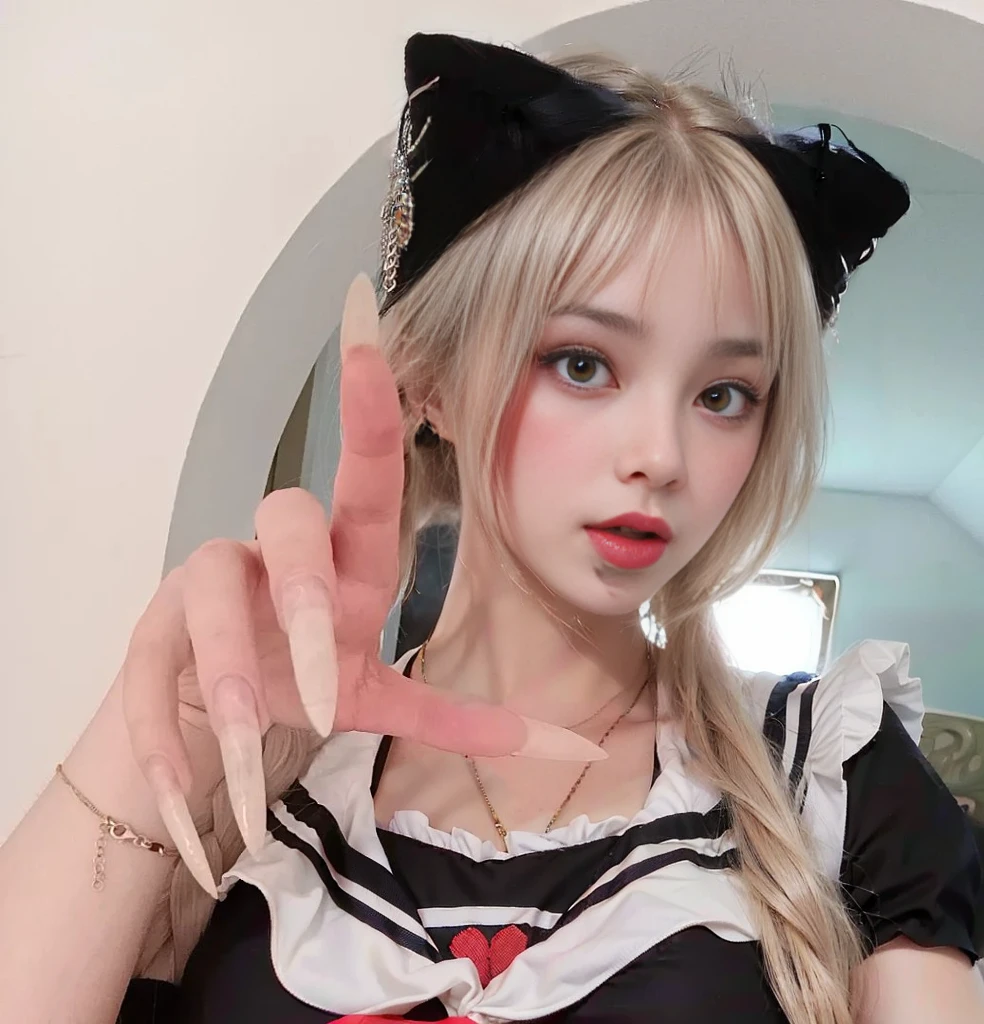 a girl with long red hair and a bow in her hair, chinese model, beautiful, asian, pretty nezuko, ayaka genshin impact, rin tohsaka, official artwork, demon slayer, tanjiro kamado, flaming katana, kawacy, anime visual of a cute girl, long sharp fingernails, mixed color