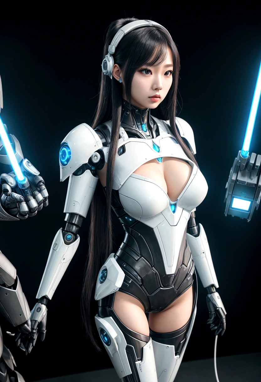 asian woman, standing, stop FRONT VIEW, tez blanca, korean, tits, futuristic clothing, modern outfit provided, NO DEFORMATIONS, beautiful, robot, cyborg, android, light, laser, League of Legends, splah art, sexy, the payment, chrome, Metal, FNAF, Animatronic, White y negro, shadows, contrast, linda, beauty, goddess, kpop, Twice, Blackpink, warframe, robots, EVERGLOW, Aespa, idol, star wars, steel, iron, Metal, the payment, Dark, lingerie, Dorado, gold, lights, trails, cables, wires, doll, doll, doll, haydee. neutral background, armor, haydee, hair without bangs, hair on the sides, long straight hair, hair without bangs, hair on the sides, White, White, lights y detalles celestes.