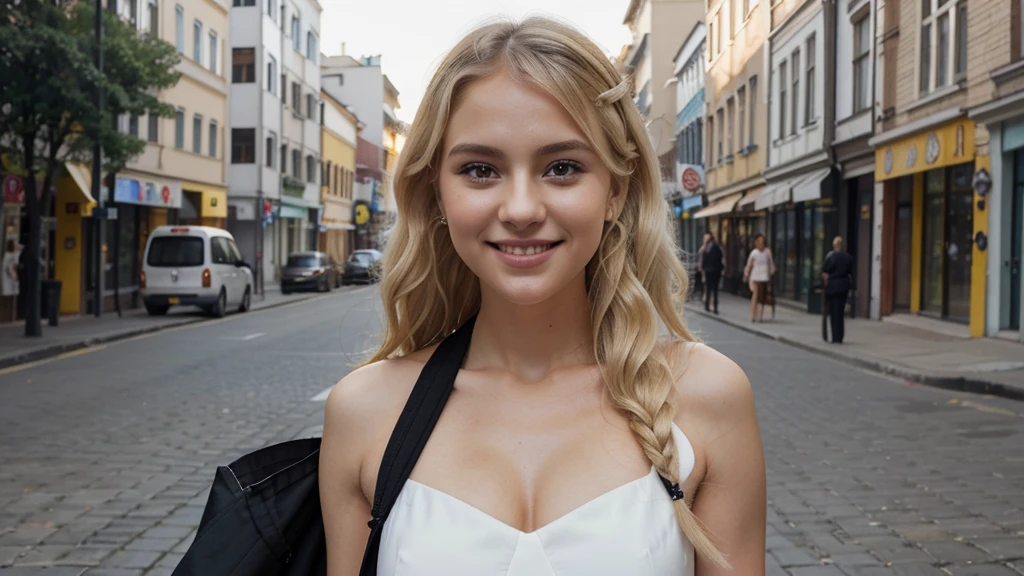 Ukrainian girl, age 30. beautiful face, black eyes, high nose, smiling mouth. White skin, blonde curled hair. tall figure, wearing a black two-piece dress. posing on the street. Photo realistic, clear details. warm color combination, lively. background is blurred.