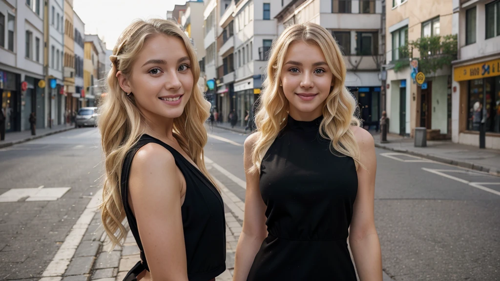 Ukrainian girl, age 30. beautiful face, black eyes, high nose, smiling mouth. White skin, blonde curled hair. tall figure, wearing a black two-piece dress. posing on the street. Photo realistic, clear details. warm color combination, lively. background is blurred.