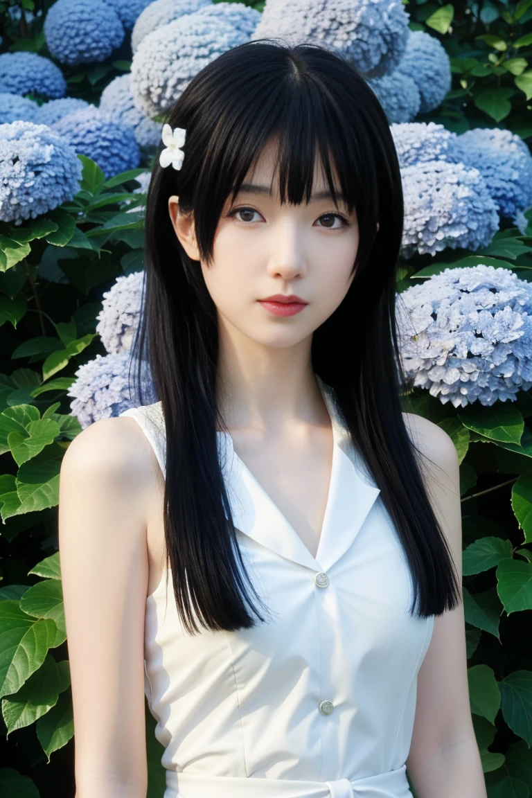 best quality, tmasterpiece,Ultra-high resolution,Clear face,(Reality:1.4),ferpect lighting,(upper body photo), (photorealistic:1.50), anime wallpaper, Guviz style artwork, cover-up fantasy up to magic , by Yang J, Guviz, beautiful artwork illustration, beautiful digital artwork, beautiful digital illustration, Li Song, beautiful anime portrait, art style in Beauvot, 1girl, 独奏, red eyes, hair flower, , serafuku, hydrangea, Garden, looking at viwer,