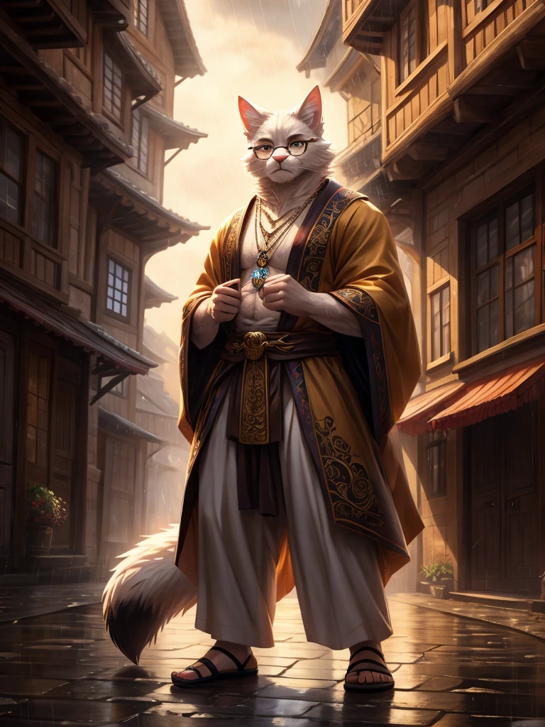 Anthro, white fluffy cat, full body, male, adult, hand paws, long fluffy tail, strong, light robe, light pants, flip flop, fancy modern japenese clothing, ornate clothing, blue circular eyewear, necklace with pendant, holding archery bow, abdomen on display, serious look, warm expression, hairy body, 8K, dynamic lighting, ultra detailed, masterpiece, street of a medieval town, raining