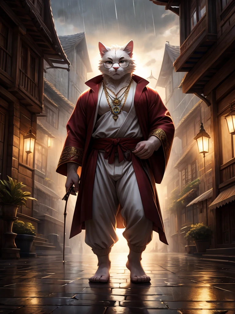 Anthro, white fluffy cat, full body, male, adult, hand paws, long fluffy tail, strong, light robe, light pants, flip flop, fancy modern japenese clothing, ornate clothing, blue circular eyewear, necklace with pendant, holding archery bow, abdomen on display, serious look, warm expression, hairy body, 8K, dynamic lighting, ultra detailed, masterpiece, street of a medieval town, raining