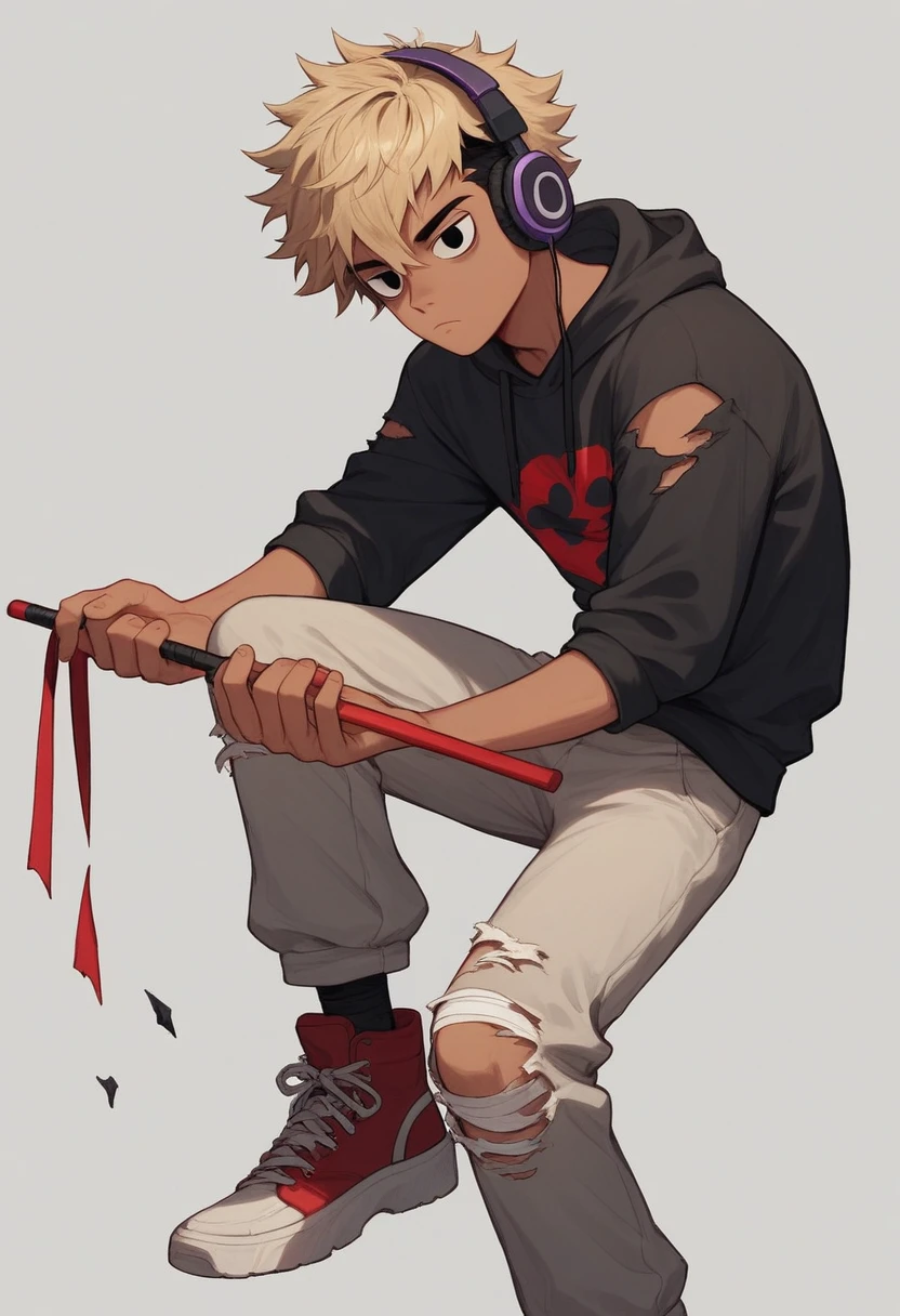 man , YOUNG, slim and youthful body, tanned skin, spiky hair, black hair, messy hair, some strands of blonde hair in the front, Tired eyes, socket eyes, black outline, black eyes, small mouth, somewhat large black sweatshirt torn from the right shoulder, black neckband, black bandages on hands, gray over-ear headphones, large black worn pants with a purple patch on the left knee, red and white shoes, holding a red karay stick with gold details, combat pose, in a destroyed place,