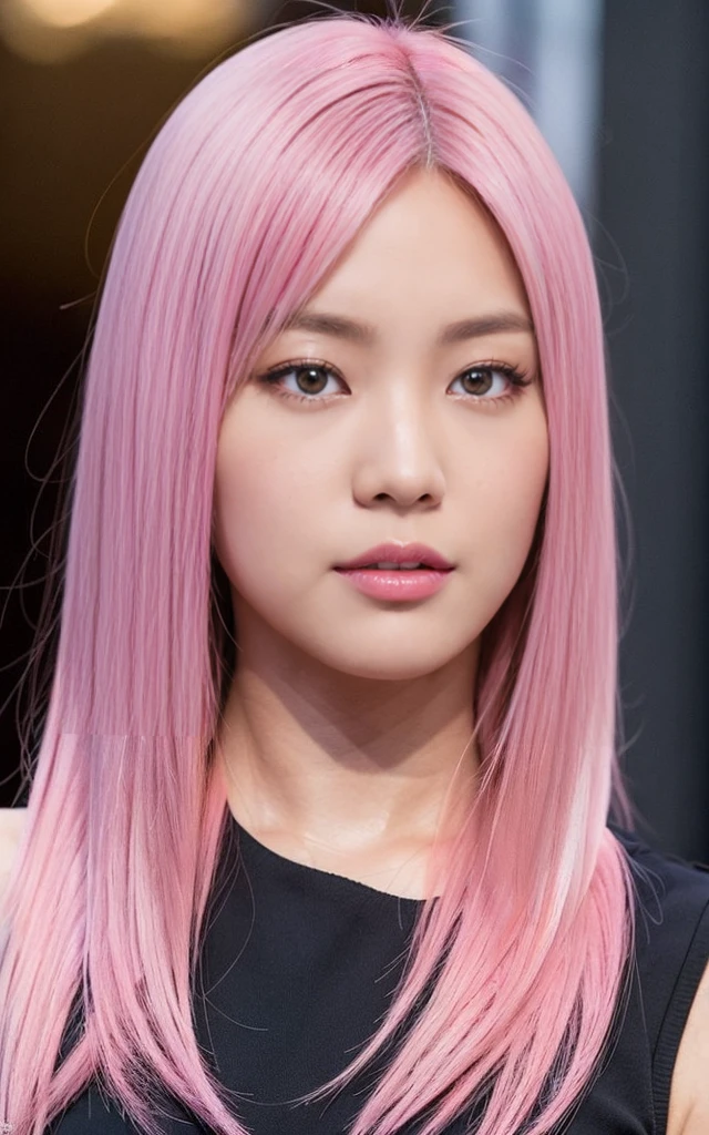 japanese actor, dark-skinned, pink hair, face close up, from under