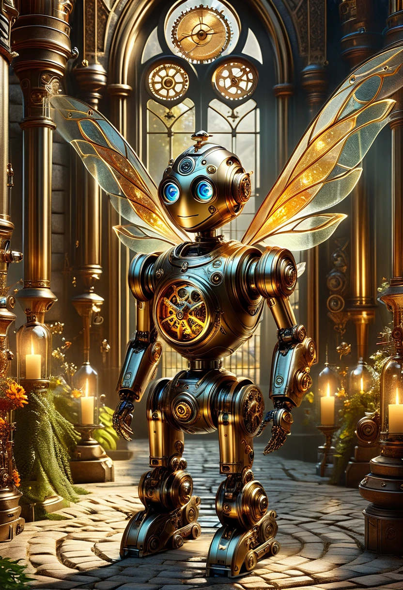 A robotic clockwork fairy. All bronze, gears, crAFTSMAN STYLE. GLASS WINGS. masterpiece, best quality, highly detailed, solo, looking at viewer, smile, mechaical face. Ultra HD, Rococo-Inspired Fantasy Art With Intricate Details. Cute, Charming Expression, Alluring-Gaze, looking at viewer Beautiful Eyes, An-Ideal-Figure. . slim waist, fit body, Warm lightssymmetrical face, photorealistic, photography, path tracing, specular lighting, volumetric face light, path traced hairmaximum quality{(masutepiece) (8K High Resolution) (top-quality) In the style of breath of the wild.medieval monastery garden,steampunk craftsman robot monk,beautiful ornate architecture,steampunk machinery and gears,exquisite stained glass windows,enchanted flower garden,ancient stone walkway with intricate carvings,glowing candles and dimly lit atmosphere,steam and smoke billowing from the machinery,mystical atmosphere,peaceful and serene setting,mechanical wings attached to the robot monk's back,robot monk with intricate clockwork mechanisms,electromechanical eyes glowing with energy,warm golden color palette,gentle sunlight streaming through the stained glass windows,whispering sound of wind and rustling leaves,the scent of aged books and incense,notes of ancient Gregorian chants echoing in the air,sense of awe and tranquility,combination of futuristic and medieval elements,harmony of technology and spirituality.
