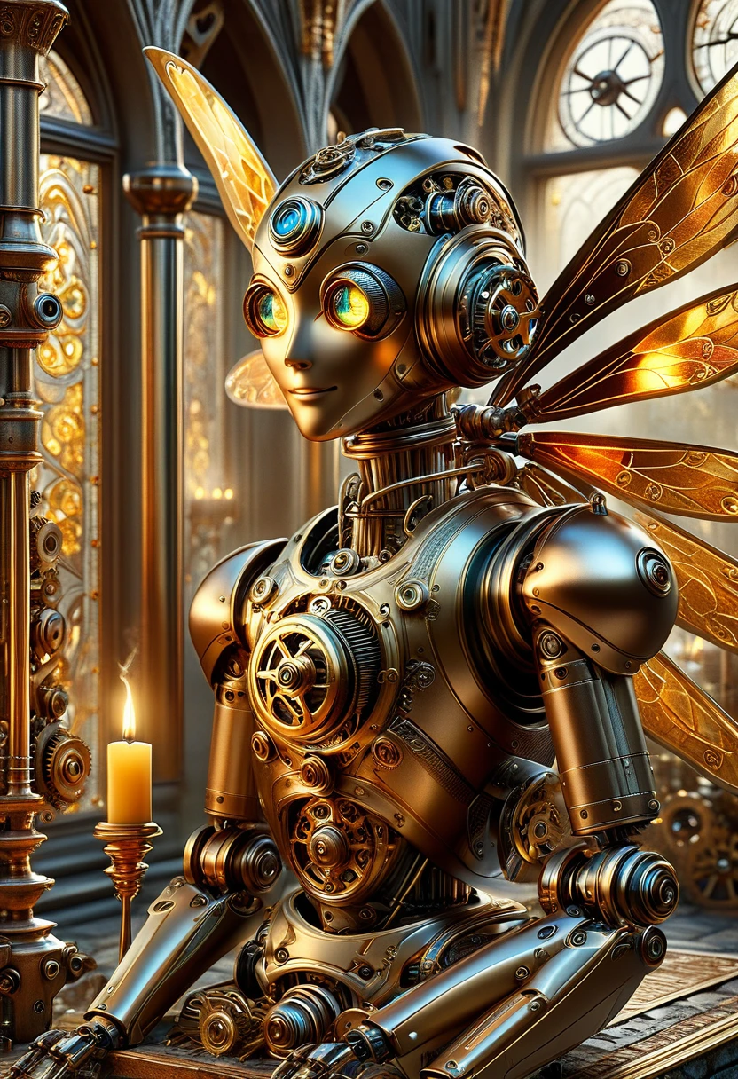 A robotic clockwork fairy. All bronze, gears, crAFTSMAN STYLE. GLASS WINGS. masterpiece, best quality, highly detailed, solo, looking at viewer, smile, mechaical face. Ultra HD, Rococo-Inspired Fantasy Art With Intricate Details. Cute, Charming Expression, Alluring-Gaze, looking at viewer Beautiful Eyes, An-Ideal-Figure. . slim waist, fit body, Warm lightssymmetrical face, photorealistic, photography, path tracing, specular lighting, volumetric face light, path traced hairmaximum quality{(masutepiece) (8K High Resolution) (top-quality) In the style of breath of the wild.medieval monastery garden,steampunk craftsman robot monk,beautiful ornate architecture,steampunk machinery and gears,exquisite stained glass windows,enchanted flower garden,ancient stone walkway with intricate carvings,glowing candles and dimly lit atmosphere,steam and smoke billowing from the machinery,mystical atmosphere,peaceful and serene setting,mechanical wings attached to the robot monk's back,robot monk with intricate clockwork mechanisms,electromechanical eyes glowing with energy,warm golden color palette,gentle sunlight streaming through the stained glass windows,whispering sound of wind and rustling leaves,the scent of aged books and incense,notes of ancient Gregorian chants echoing in the air,sense of awe and tranquility,combination of futuristic and medieval elements,harmony of technology and spirituality.