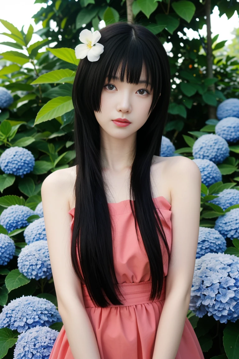 best quality, tmasterpiece,Ultra-high resolution,Clear face,(Reality:1.4),ferpect lighting,(upper body photo), (photorealistic:1.50), anime wallpaper, Guviz style artwork, cover-up fantasy up to magic , by Yang J, Guviz, beautiful artwork illustration, beautiful digital artwork, beautiful digital illustration, Li Song, beautiful anime portrait, art style in Beauvot, 1girl, 独奏, red eyes, hair flower, , serafuku, hydrangea, Garden, looking at viwer,