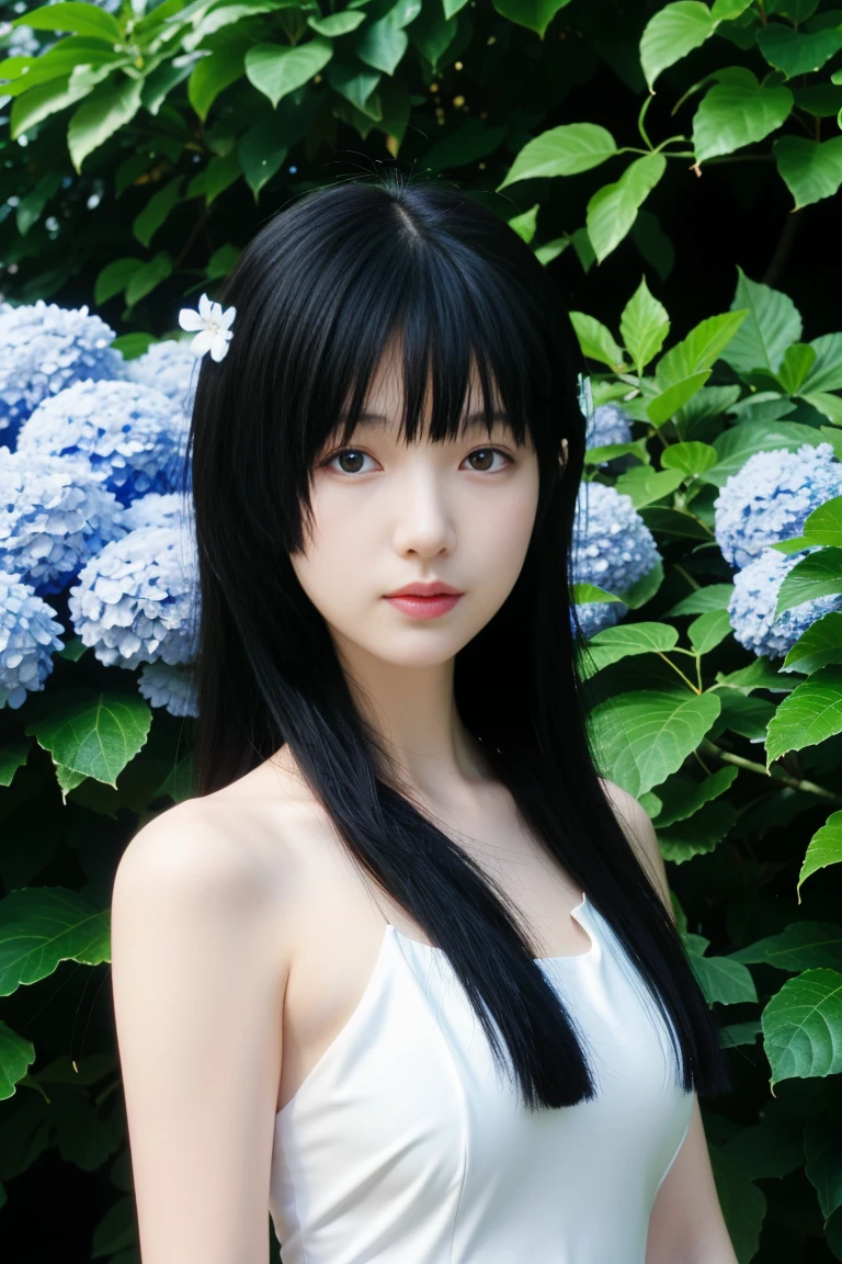 best quality, tmasterpiece,Ultra-high resolution,Clear face,(Reality:1.4),ferpect lighting,(upper body photo), (photorealistic:1.50), anime wallpaper, Guviz style artwork, cover-up fantasy up to magic , by Yang J, Guviz, beautiful artwork illustration, beautiful digital artwork, beautiful digital illustration, Li Song, beautiful anime portrait, art style in Beauvot, 1girl, 独奏, red eyes, hair flower, , serafuku, hydrangea, Garden, looking at viwer,