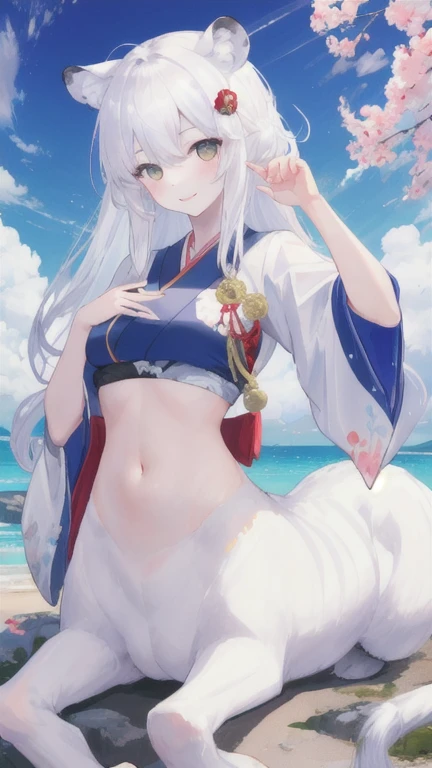 (best quality, masterpiece), 1 girl, centaur, It takes, White skin,skinny body, japanese girl,Smiling, exposing the abdomen,belly button t-shirt, 아름다운 소녀 perfect white tiger photo, perfect white tiger photo