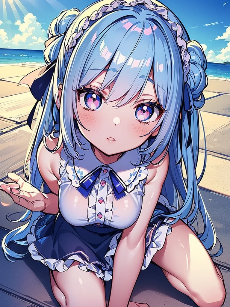 (detailed beautiful eyes and detailed face, masterpiece side light, masterpiece, Highest quality, detailed, High resolution illustrations), (1 Girl, beautiful girl, Shiny skin), (Sky blue hair, Pink eyes, skirt, ribbon, Button-down shirt)(Kneel on the ground)