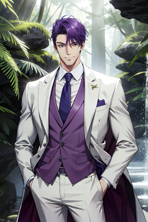 （absurdrez，A high resolution，ultra detali），1 men，AS AN ADULT，bonitas，tall muscular man，broadshouldered，Fine, detailed eyes and detailed face，Business suit，White coat，at the forest，he used to smile，rays of sunlight，rays of sunlight，weddings，side body，purple pants，（side body，45° viewing angle）