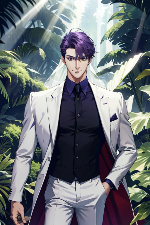(absurdrez,A high resolution,ultra detali),1 men,AS AN ADULT,bonitas,tall muscular man,broadshouldered,Fine, detailed eyes and detailed face,Business suit,White coat,at the forest,he used to smile,rays of sunlight,rays of sunlight,weddings,side body,purple pants,(side body,45° viewing angle)