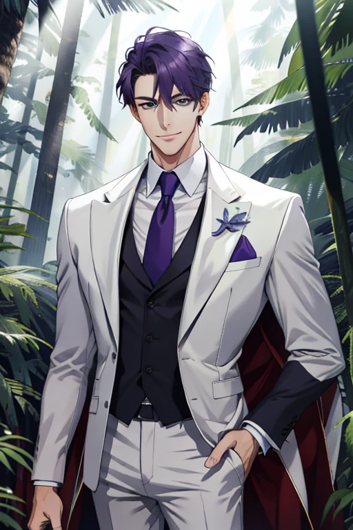 (absurdrez,A high resolution,ultra detali),1 men,AS AN ADULT,bonitas,tall muscular man,broadshouldered,Fine, detailed eyes and detailed face,Business suit,White coat,at the forest,he used to smile,rays of sunlight,rays of sunlight,weddings,side body,purple pants,(side body,45° viewing angle)