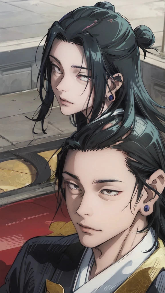 A LITTLE CHARACTER WITH BLACK HAIR, LONG AGA, BROWN EYES, HANDSOME, SEXY FACE, WEARING A KIMONO. NAMED "SUGURU GETO" IN THE ANIME STORY SERIES"(JUJUTSU KAISEN), IT STANDS IN THE MIDDLE OF A BEAUTIFUL CITY, WITH REALISTIC HDR -8K EFFECTS.