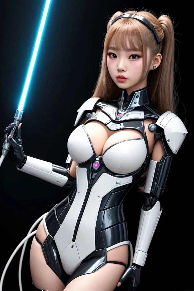 asian woman, standing, stop FRONT VIEW, tez blanca, korean, tits, futuristic clothing, modern outfit provided, NO DEFORMATIONS, beautiful, robot, cyborg, android, light, laser, League of Legends, splah art, sexy, the payment, chrome, Metal, FNAF, Animatronic, White y negro, shadows, contrast, linda, beauty, goddess, kpop, Twice, Blackpink, warframe, robots, EVERGLOW, Aespa, idol, star wars, steel, iron, Metal, the payment, Dark, lingerie, Dorado, gold, lights, trails, cables, wires, doll, doll, doll, haydee. neutral background, armor, haydee, hair without bangs, hair on the sides, long straight hair, hair without bangs, hair on the sides, White, White, lights y detalles celestes.