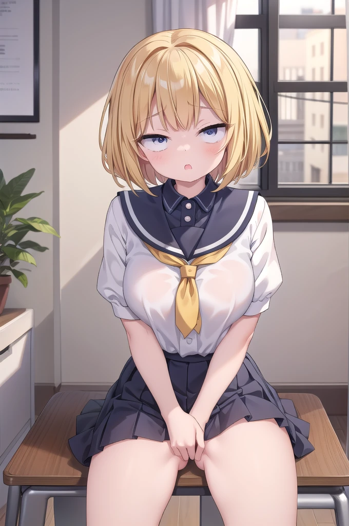 (masterpiece、Highest quality)、Blonde Short Hair、(Schoolgirl uniform、Pleated mini skirt)、Wearing VR goggles that cover the eyes、Open your mouth、Hold two VR controllers、Sitting on the floor、Knees up、Knees to chest、Spread leg pose、(White cotton panties)、Cameltoe、In the room、barefoot、Bare legs、((Showing off your crotch、Showing off panties))、Sitting on the floor、Putting your nipples in your clotheasterpiece、Highest quality、Super detailed、An illustration、colorful、FAQ Color、Depth of written boundary、Lens Glow、One girl、anime、sit down、Brunette look、School、classroom、Pleated elasticated、Black Pantyhose、Delicate skin texture、Delicate fabric texture、A lovely and meticulous face、Normal hand、whole body