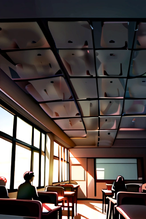 create an image of a black teacher and a classroom with many students and a chair hanging from the ceiling of the room.