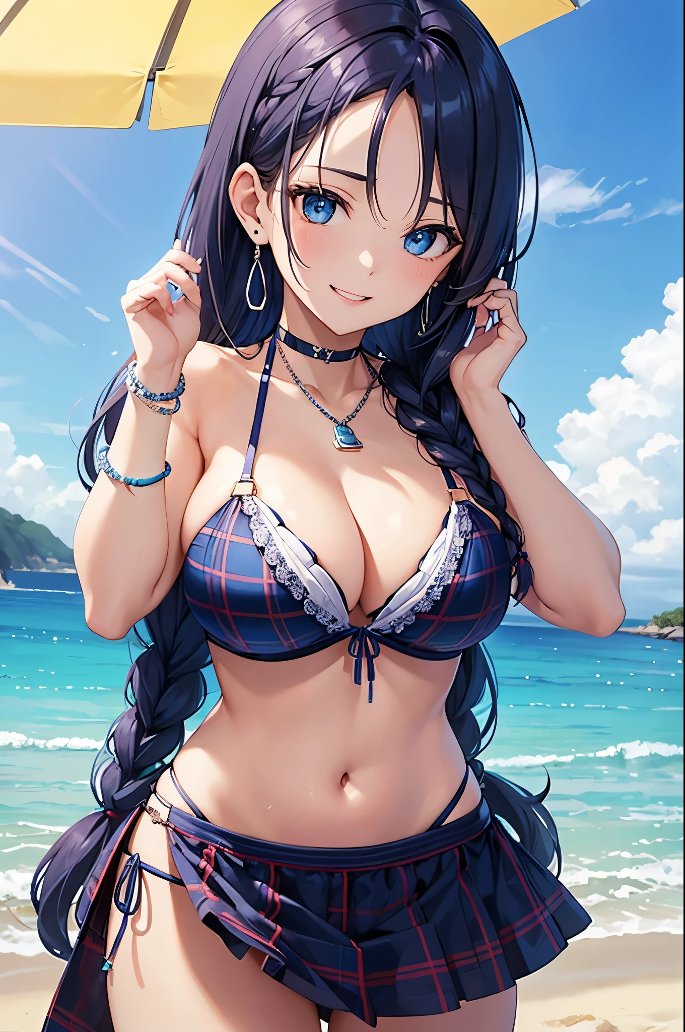 Highest quality、Highest quality、masterpiece、(8K),beauty(Age 25)、Navy blue long hair(Braiding of the sides)、blue eyes、Sexy Bikini(Plaid)、Big cleavage、(Big Breasts)、smile、blue necklace、Blue Earrings、background(Beach)、Please open your mouth wide、bracelet、Arch Pose、Blue choker