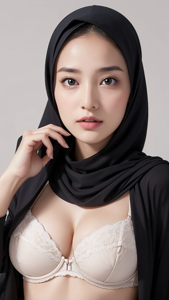 Make a photo of a woman wearing a hijab with an open breast bra