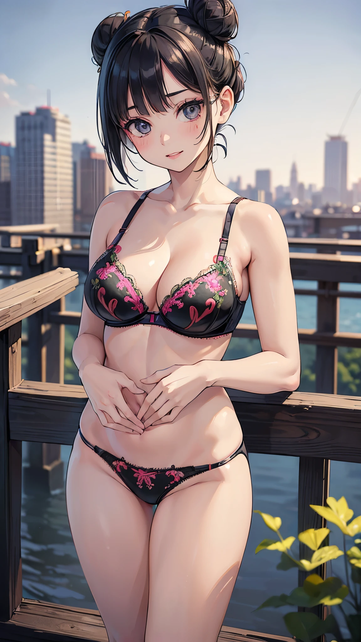 (masterpiece: 1.3, Highest quality, Ultra-high resolution, Very detailed), (Realistic, Realistic: 1.4), Beautiful illustrations, Perfect lighting, Natural light, Depth of the Boundary, Beautiful detailed hair, Beautifully detailed face , Beautiful details, Beautiful clavicle, Beautiful body, beautiful 胸, Beautiful thighs, Beautiful feet, Beautiful Hands, Displaying the viewer, 1 Girl, Very cute girl, , (Perfect Anatomy, Anatomically correct), Cute and symmetrical face, Baby Face, Pce, Perfect Eyes, Shiny skin, ((Short black hair bun)),((Updo)), Long eyelashes, ((Very large and powerful breasts)), juicy thighs, Attractive thighs), (Beautiful views),((Outdoor、Blurry cityscape)), (Cute Smile, Upward glance, Lips parted), ((Embroidered bra:1.5))、((Embroidered panties:1.5)),Cowboy Shot、(((下からのCowboy Shot)))