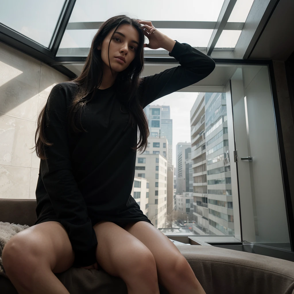 
"The photo is of a model with long, straight black hair, but without bangs. The model is sitting in a place with a roof structure and glass walls, that lets in a lot of natural light. The model is dressed completely in black, with a jacket and a long sleeve t-shirt. His facial expression is serious and his gaze is directed towards the camera., which is held with one hand, partially showing his face and his hair falling forward. The visible hand has rings and nails painted a dark color. Camera angle is slightly lower, Looking up."
