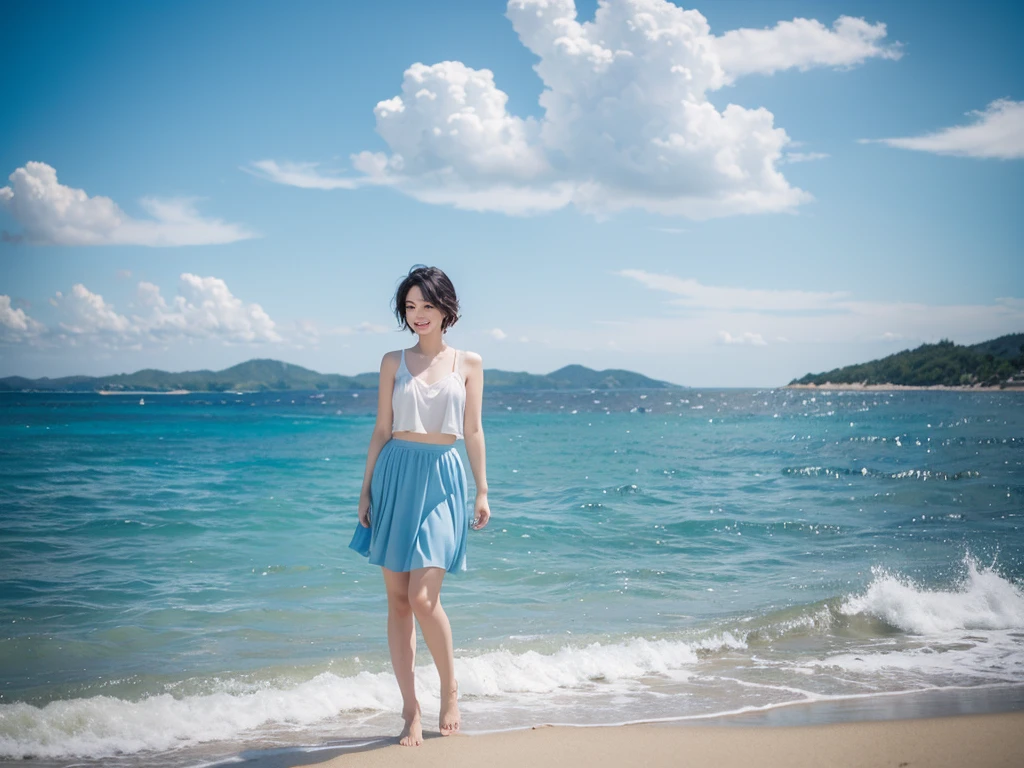 8k wavy blue sea., Beautiful 36-year-old short Korean woman, Chest size 34 inches, Wear sleeveless, light skirt. beautiful pretty woman look , wearing a light skirt , Short medium hair blowing in the wind, 1 short woman, beautiful eyes, I smile, Full-body photo taken from afar with a wide-angle lens, The background is clean and perfect., standing on the beach