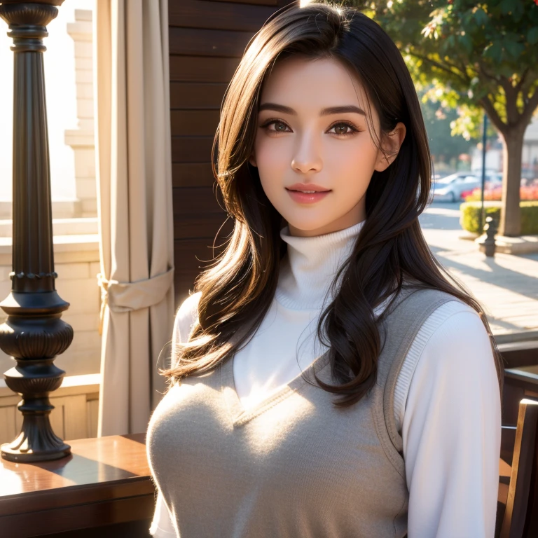 a beautiful young woman in a casual outfit, detailed face, alluring eyes, full lips, large bust, turtle neck t-shirt, gray vest, outdoor date setting, soft lighting, warm colors, photorealistic, 8k, cinematic, beautiful detailed eyes, beautiful detailed lips, extremely detailed face and eyes, long eyelashes, intricate clothing textures, elegant posing, warm smile, romantic atmosphere