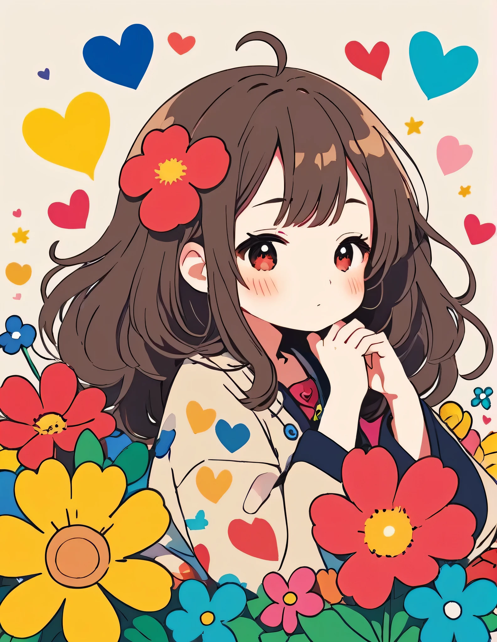 Eri Kamijo style, Simple Line Initialism,Abstract art,Kawaii Design, The most beautiful girl of all time、chibi, colorful hearts, colorful flowers, (((nap))), Cute amoeba
