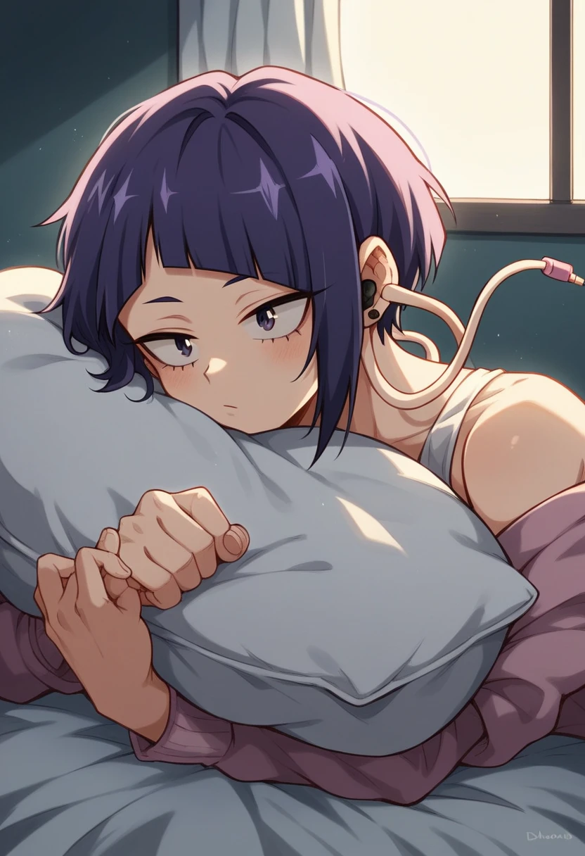 Kyoka Jiro from My Hero Academia lying in bed at night. Purple hair with asymmetrical bangs, earphone jack earlobes. Dim moonlight through window. Cozy bedroom, soft blankets. Thoughtful expression, eyes open. Casual sleepwear. Waiting pose, slightly propped up on pillows. Warm, intimate atmosphere.