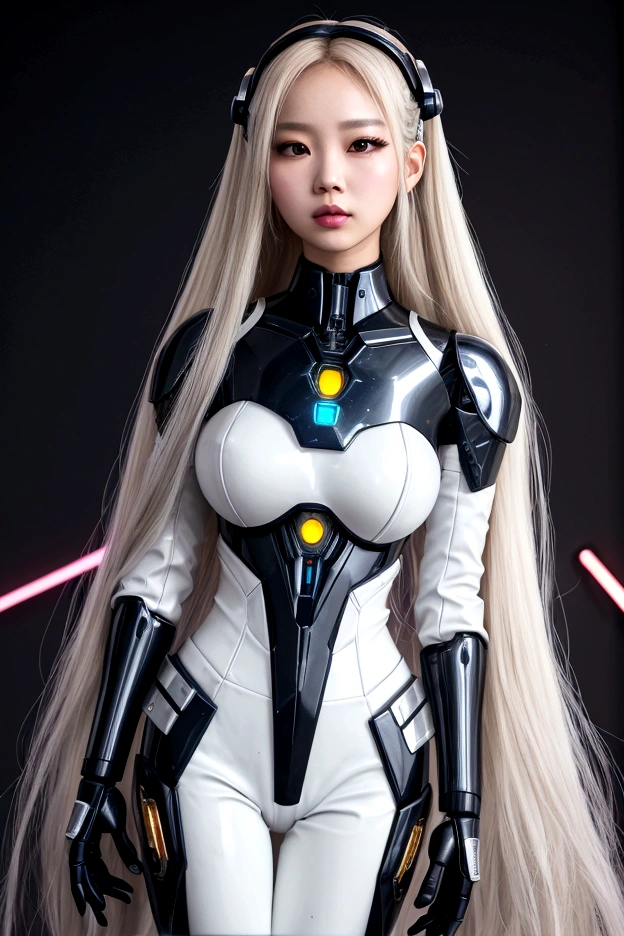 asian woman, standing, stop FRONT VIEW, tez blanca, korean, tits, futuristic clothing, modern outfit provided, NO DEFORMATIONS, beautiful, robot, cyborg, android, light, laser, League of Legends, splah art, sexy, the payment, chrome, Metal, FNAF, Animatronic, White y negro, shadows, contrast, linda, beauty, goddess, kpop, Twice, Blackpink, warframe, robots, EVERGLOW, Aespa, idol, star wars, steel, iron, Metal, the payment, Dark, lingerie, Dorado, gold, lights, trails, cables, wires, doll, doll, doll, haydee. neutral background, armor, haydee, hair without bangs, hair on the sides, long straight hair, hair without bangs, hair on the sides, White, White, lights y detalles celestes.